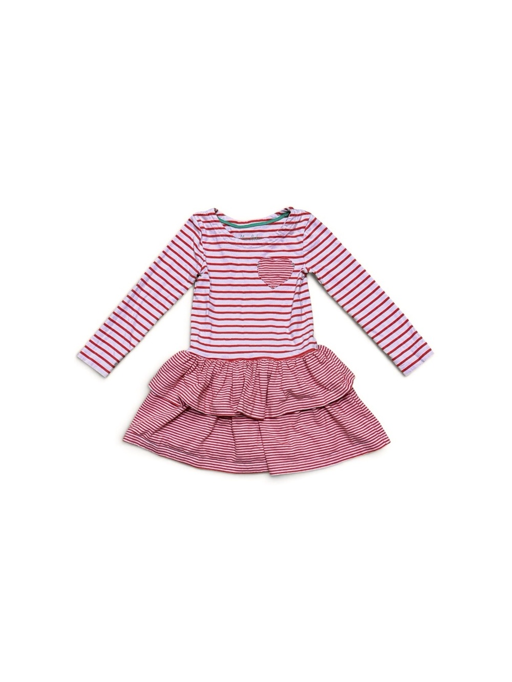 Mini Boden Girls’ Pink Red Stripe Ruffle Dress Size 4-5Y Heart Pocket